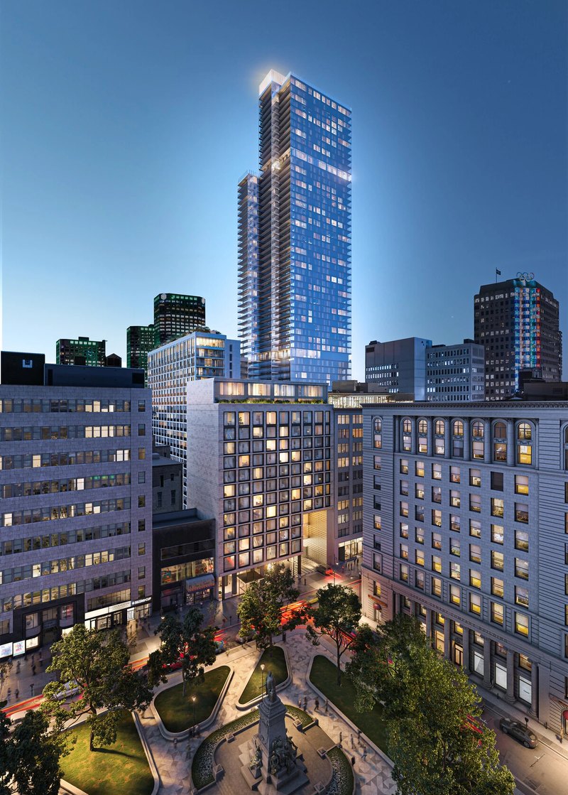 Rendering of the Square Phillips 1 tower at dusk above Phillips Square